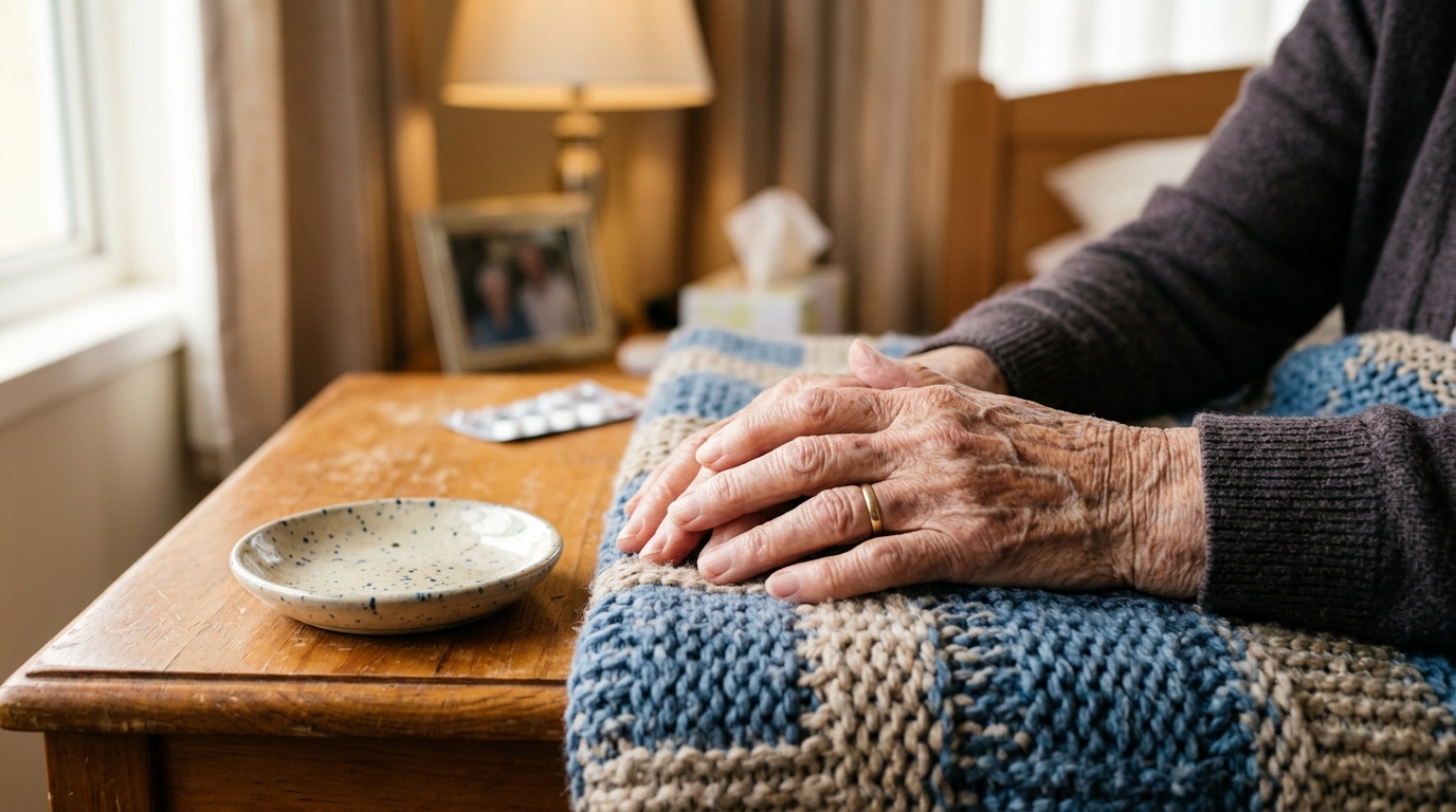 Mains âgées et coupelle à bijoux vide sur table de chevet