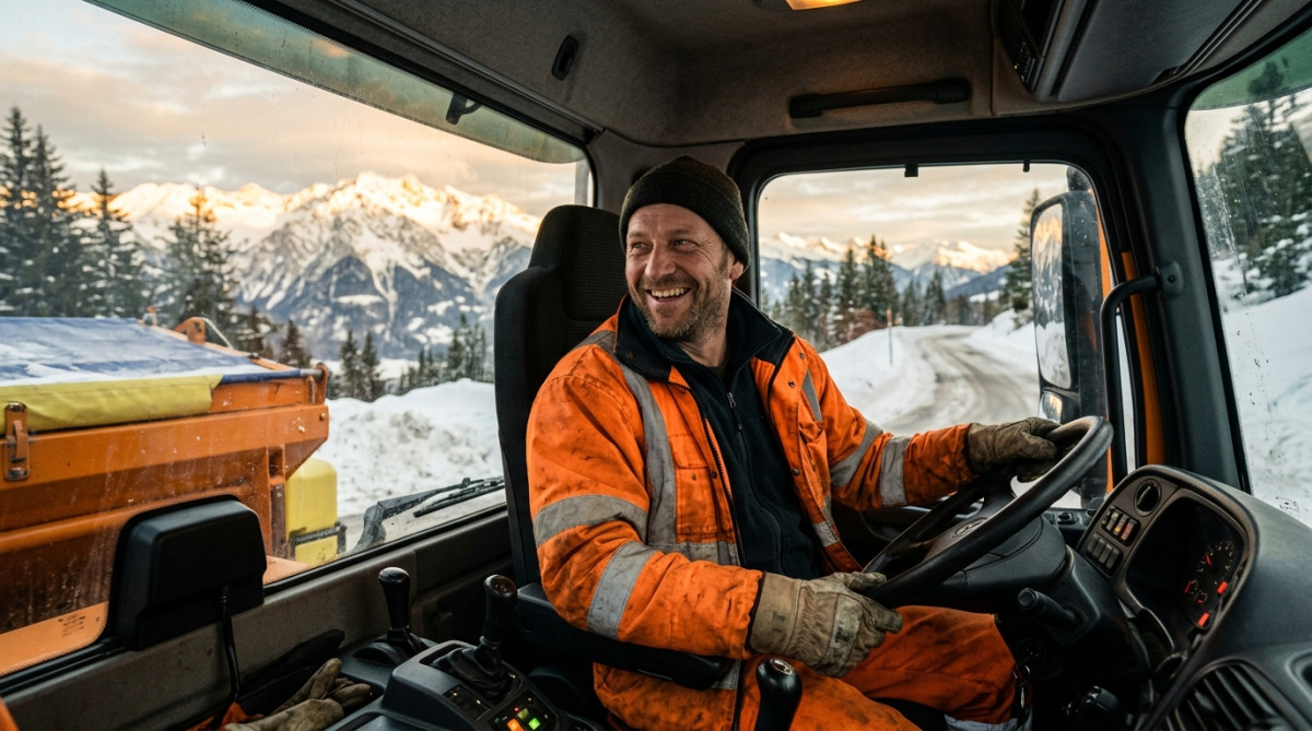 Conducteur de chasse-neige souriant dans la cabine de son engin