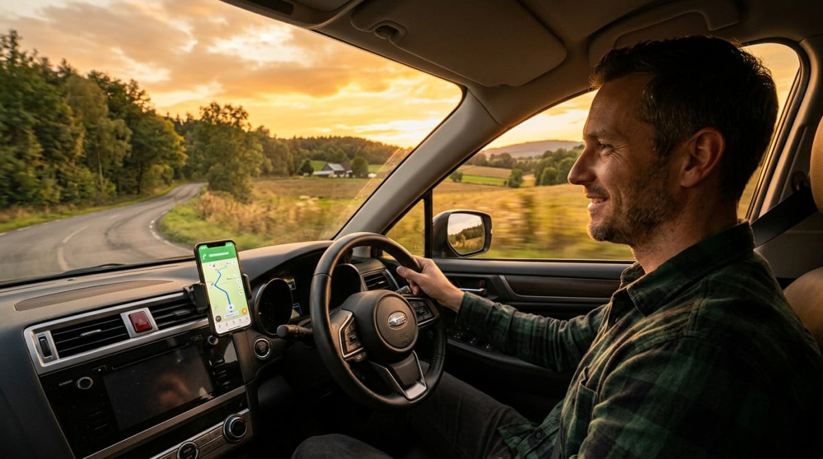 Conducteur guidé par son GPS sur une route de campagne