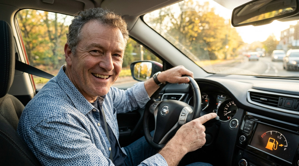 Conducteur souriant montrant la flèche près de la jauge d'essence