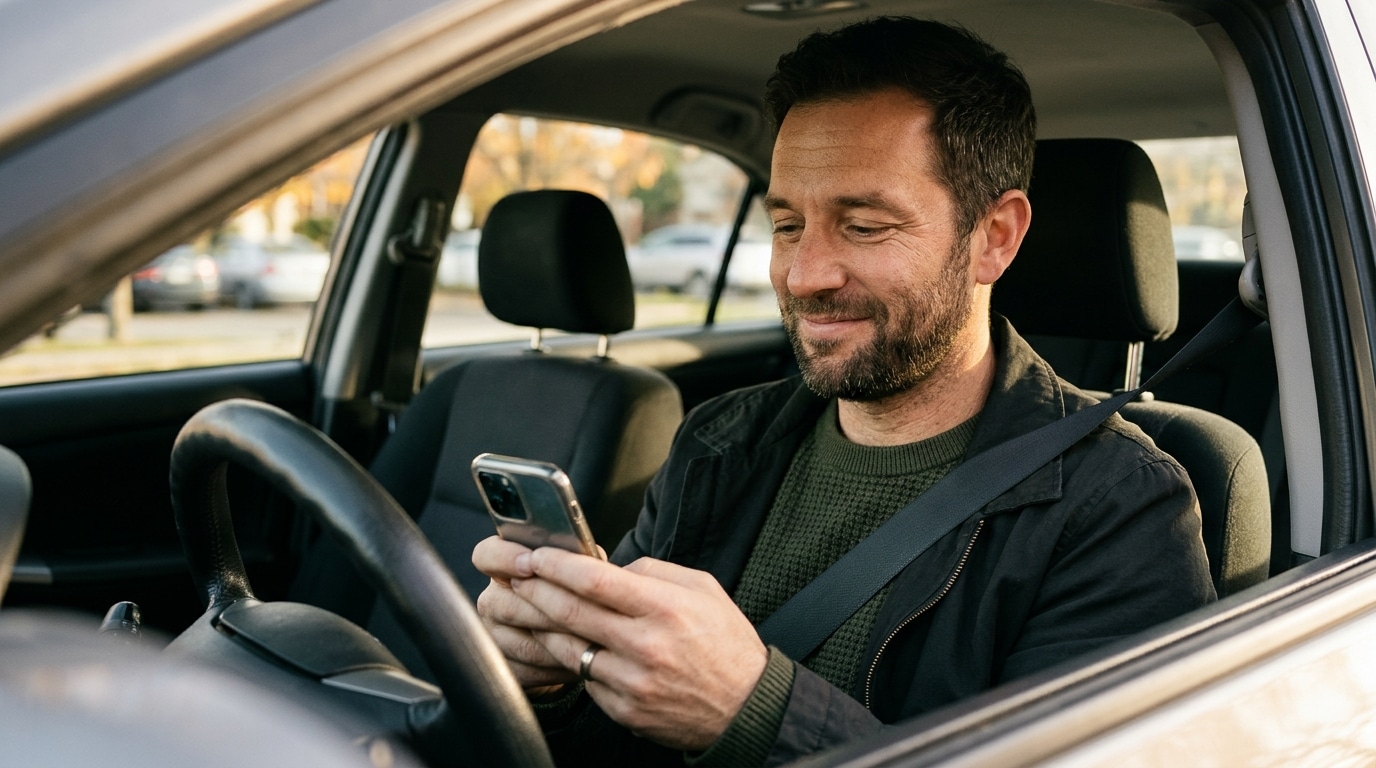 Conducteur soulagé au volant avec son téléphone en main