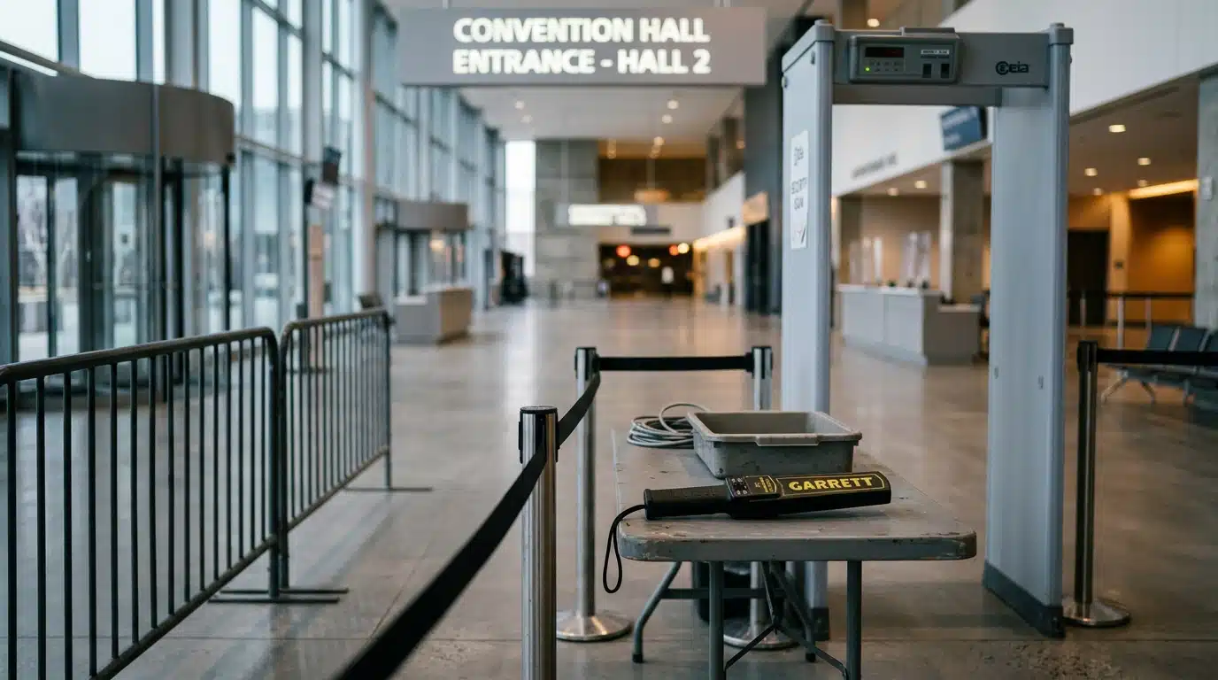 Barrière et détecteur portatif à l'entrée d'une salle de congrès