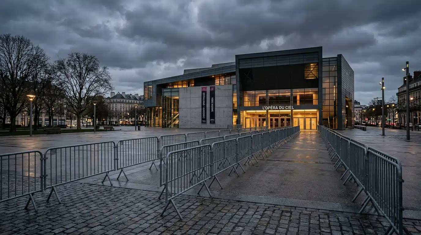 Barrières de sécurité devant une grande salle de spectacle
