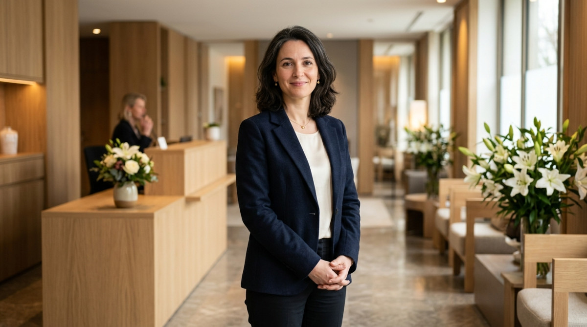 Conseillère funéraire souriante dans un salon d'accueil lumineux