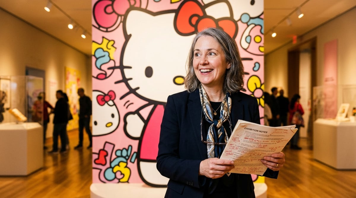 Conservatrice d'exposition devant une vitrine Hello Kitty