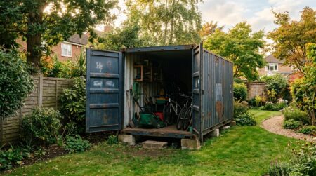 Conteneur maritime posé sur cales au fond d'un jardin