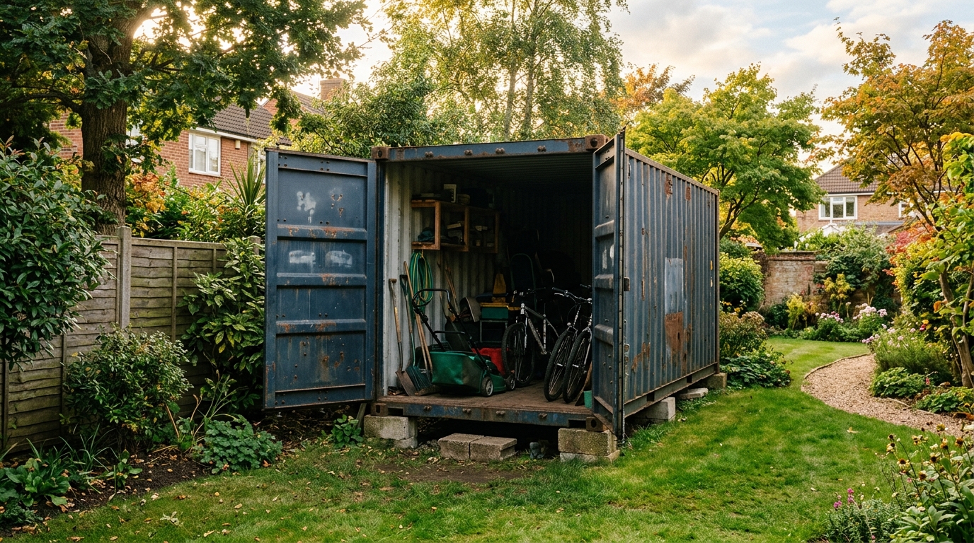 Conteneur maritime posé sur cales au fond d'un jardin