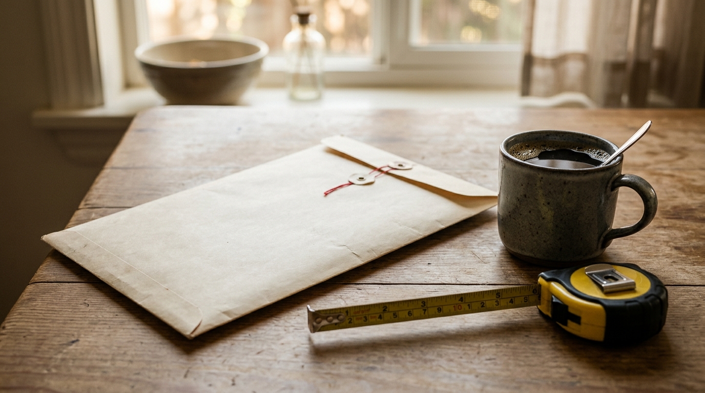 Enveloppe officielle et mètre ruban sur une table de cuisine