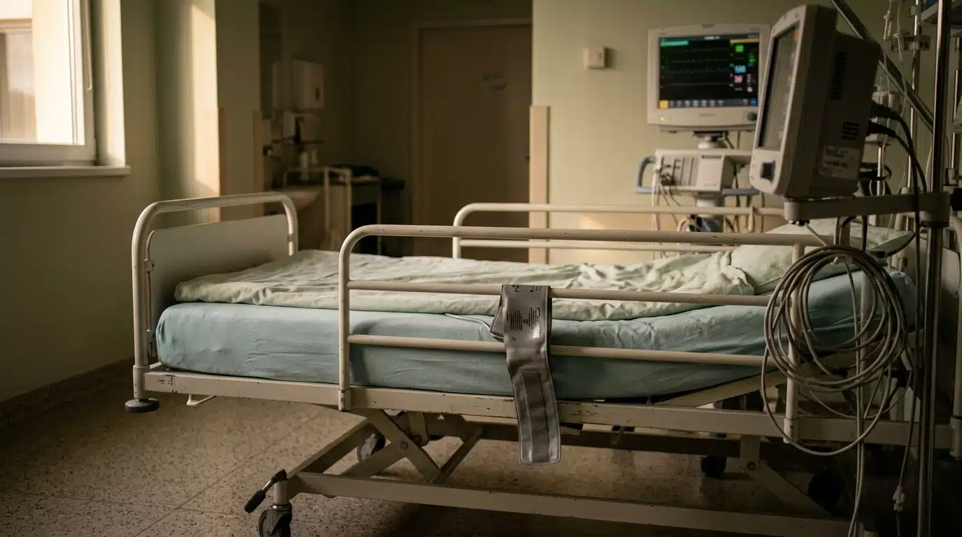 Lit d'hôpital vide avec menotte fixée à la barre