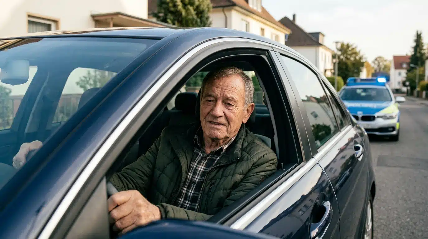 Conducteur âgé au volant, mine gênée, patrouille floue derrière