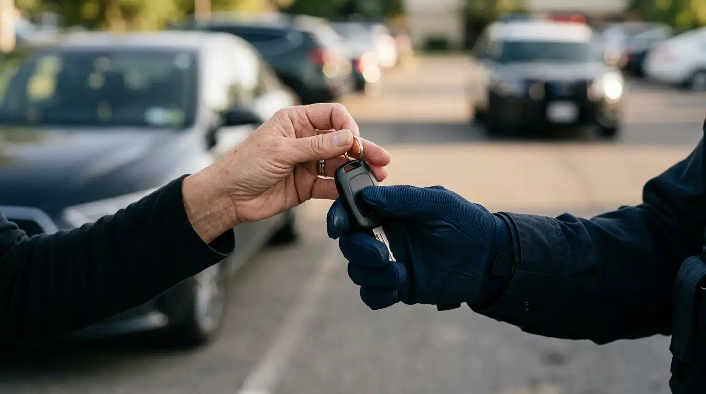 Main d'un policier saisissant une clé de voiture