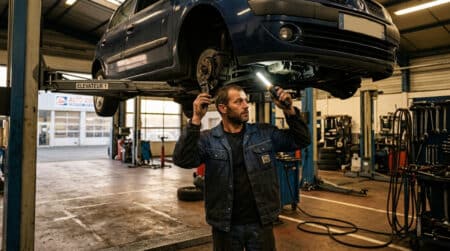 Contrôleur technique inspectant une voiture dans son centre