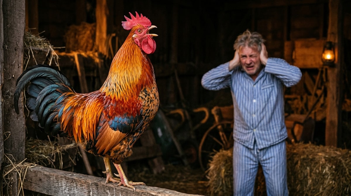 Coq chantant dans une grange à l'aube
