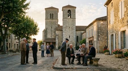 Place d'un village du Gers avec habitants réunis
