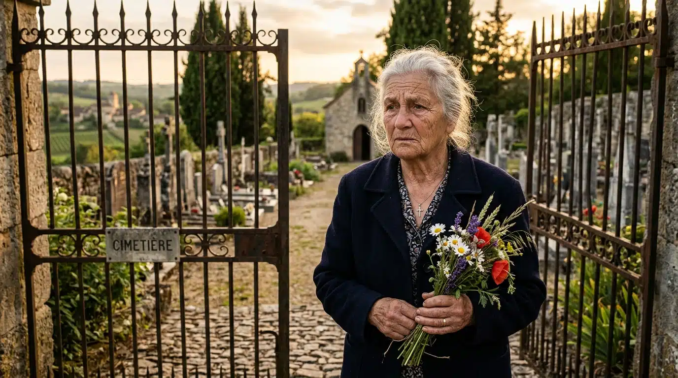 Habitante émue tenant des fleurs devant le cimetière