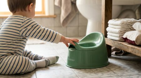 Main d'enfant près d'un pot et de couches pliées