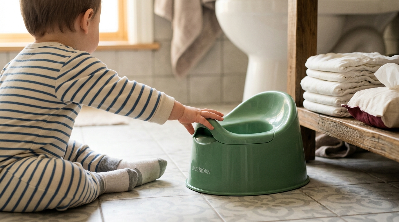 Main d'enfant près d'un pot et de couches pliées