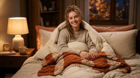 Femme au chaud dans son lit avec couette et plaid