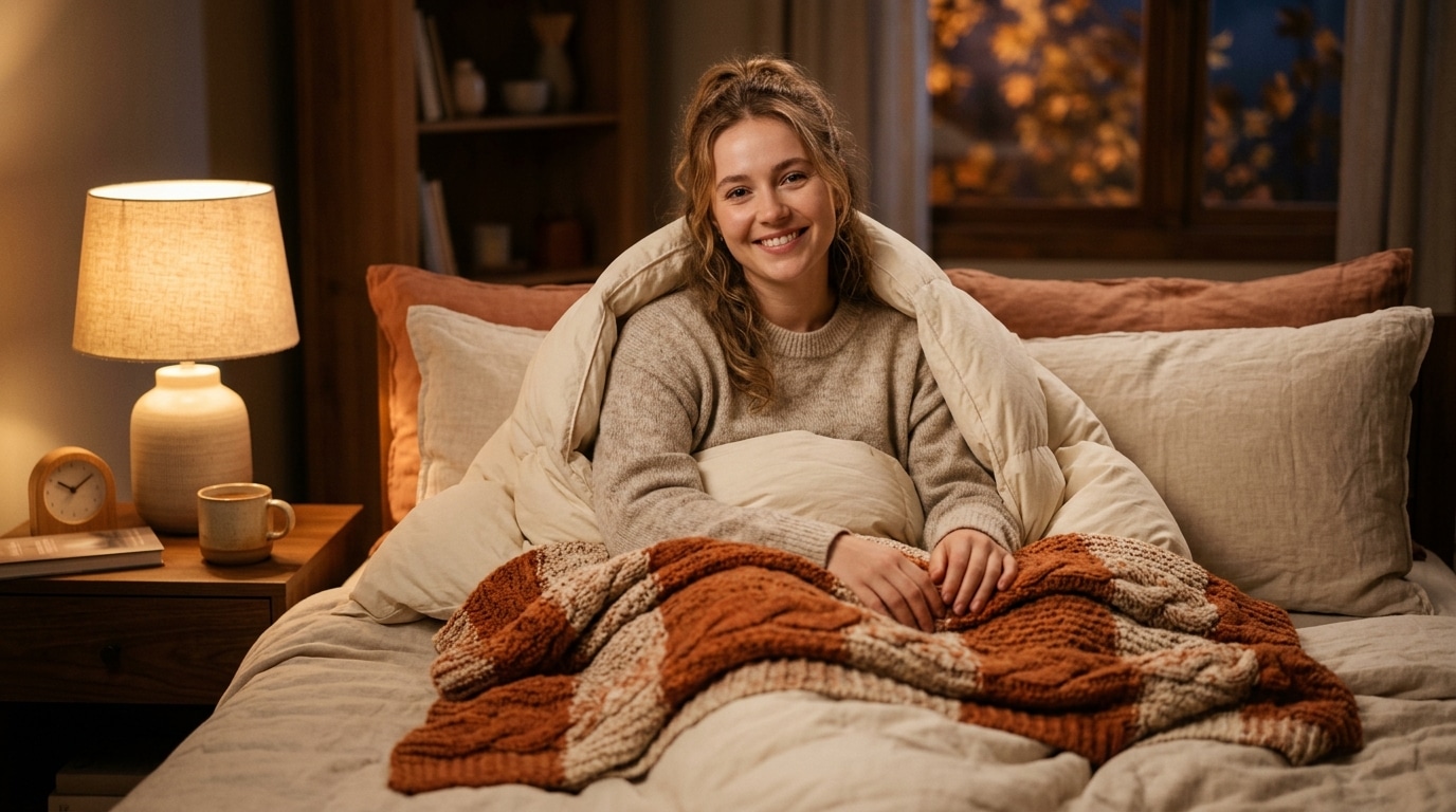Femme au chaud dans son lit avec couette et plaid