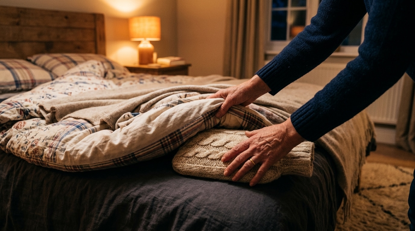 Bouillotte glissée sous la couette au pied du lit
