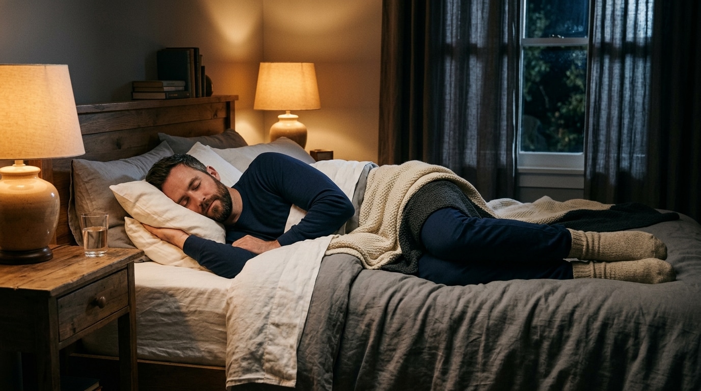 Homme en pyjama dormant paisiblement sous plusieurs couches