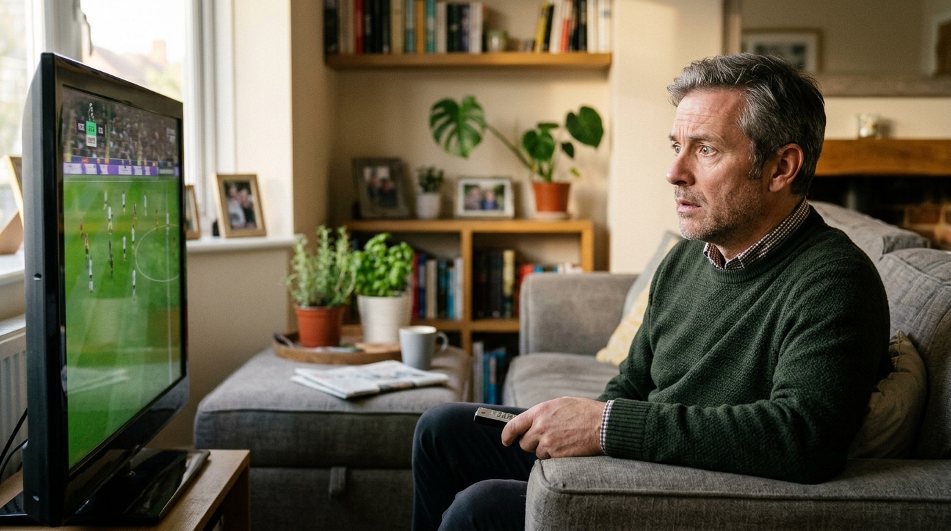 Homme pensif devant un match de football à la télévision