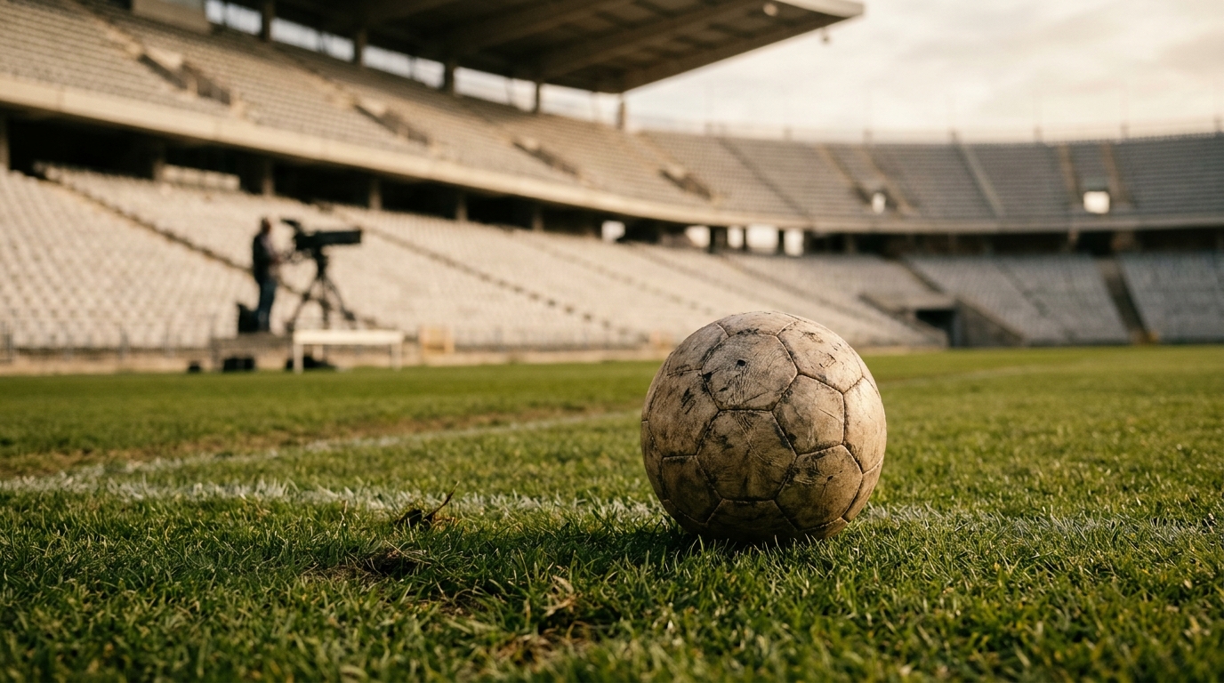 Ballon posé sur la pelouse d'un stade vide