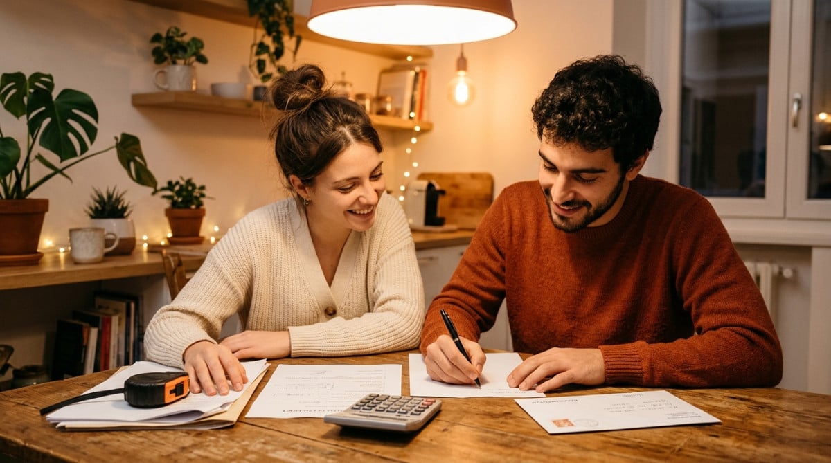 Couple calculant les frais d'agence avec une calculatrice