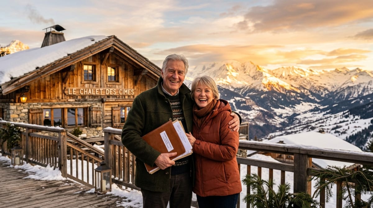 Couple de seniors devant un chalet des Alpes