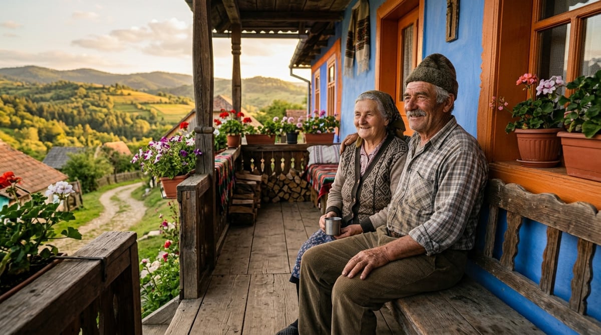 Couple de seniors roumains devant leur maison de village