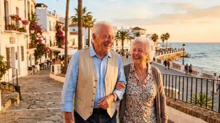Couple de seniors souriants sur une promenade méditerranéenne