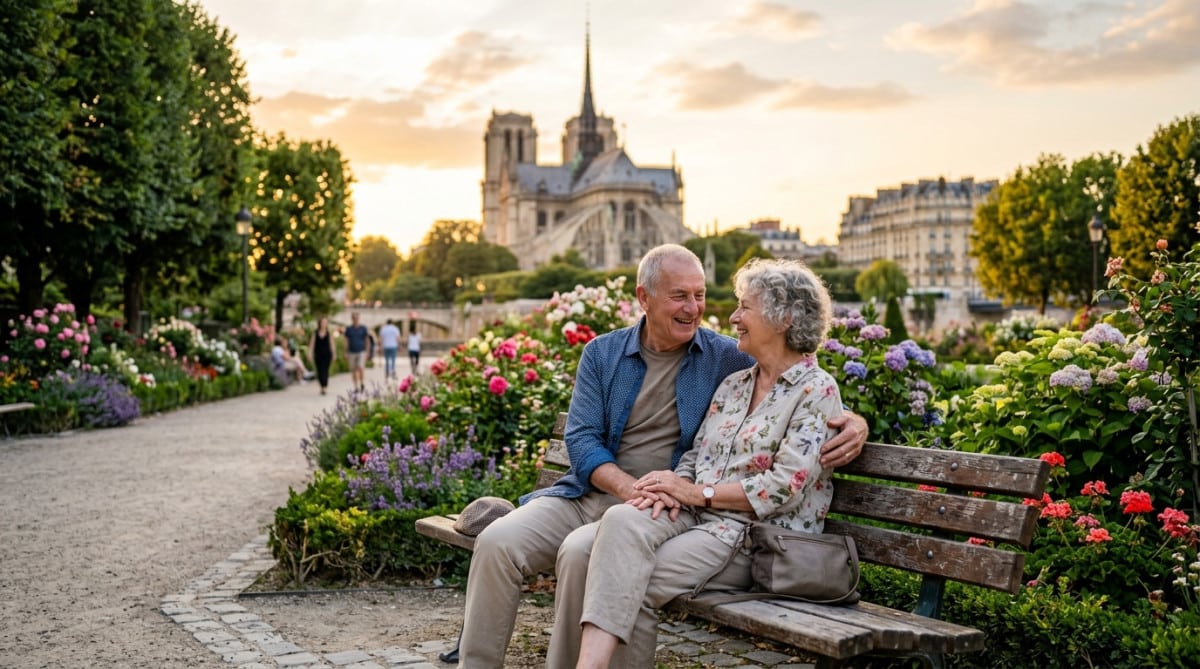Couple de seniors sur un banc dans un jardin public