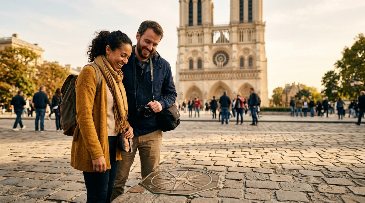 Couple de touristes devant le médaillon du point zéro à Notre-Dame