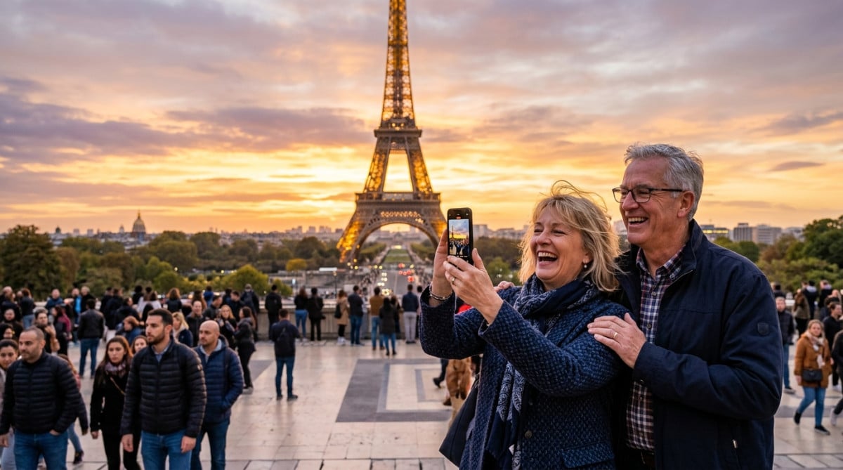 Couple de touristes photographiant la tour Eiffel au coucher du soleil