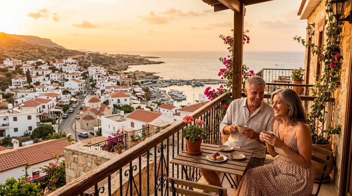 Couple détendu sur un balcon à Chypre au soleil couchant