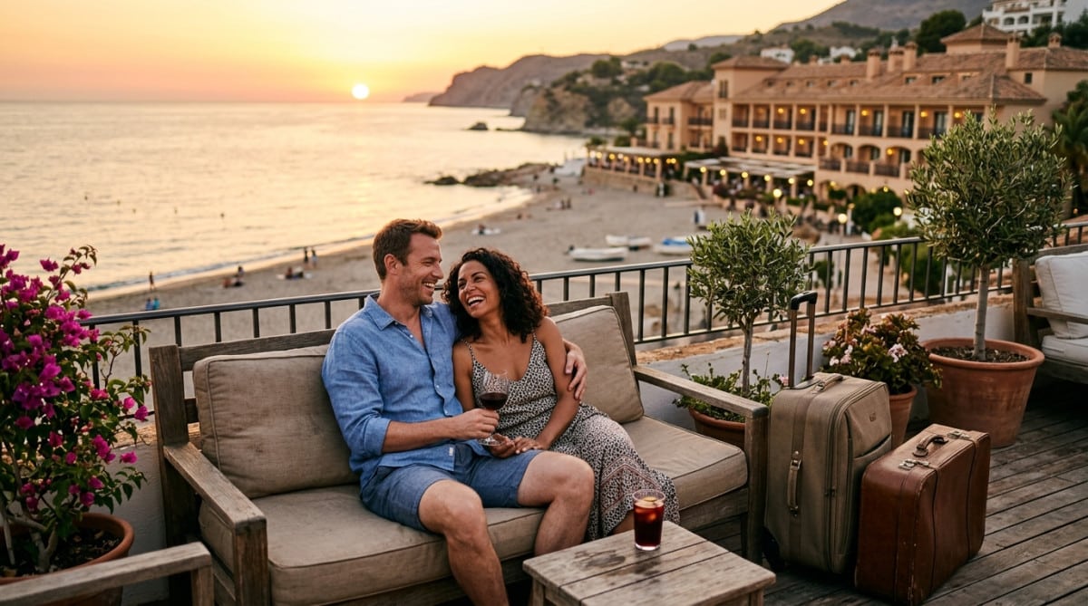 Couple détendu sur une terrasse en bord de mer espagnole