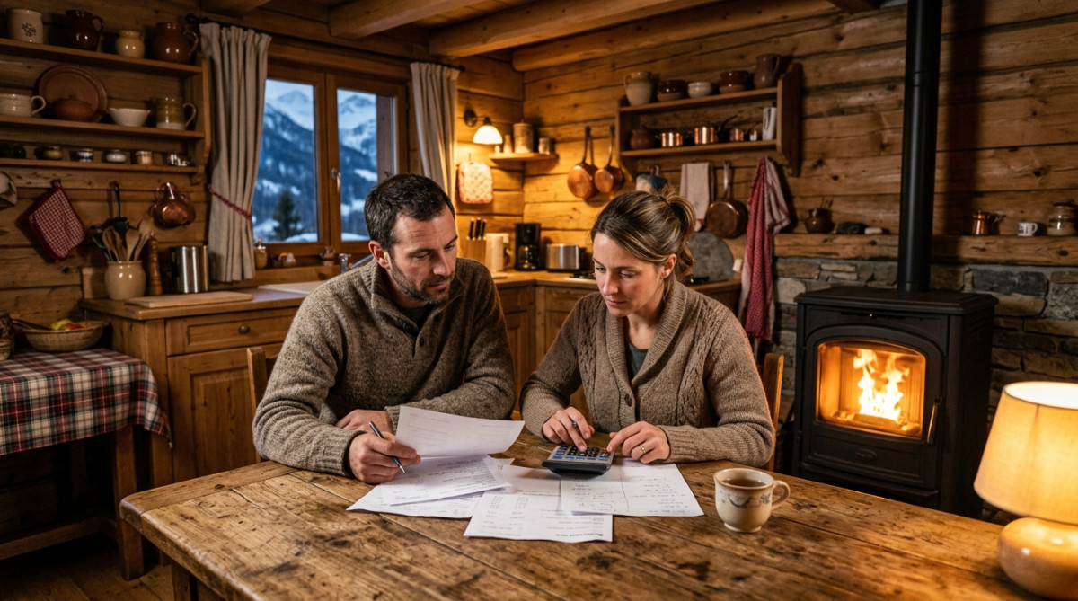 Couple examinant ses factures dans une cuisine de chalet
