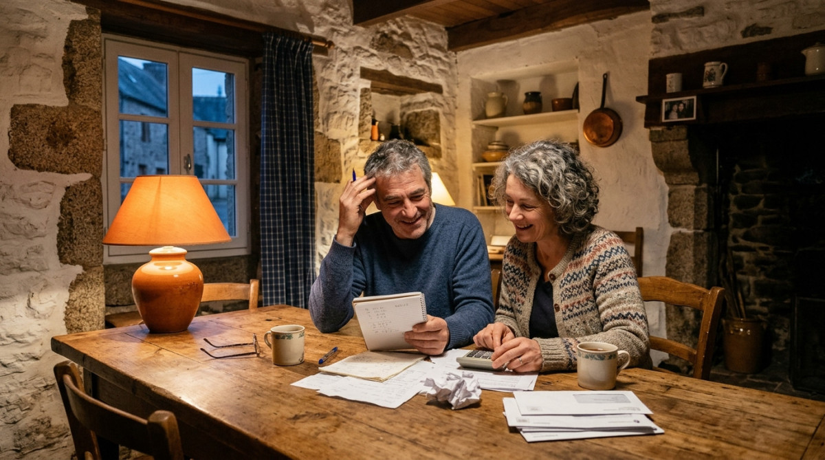 Couple examinant son budget mensuel à la table de cuisine
