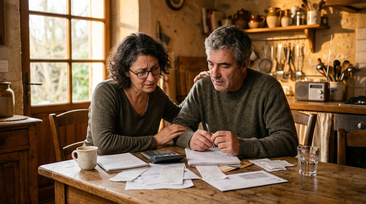 Couple faisant ses comptes à la table de cuisine