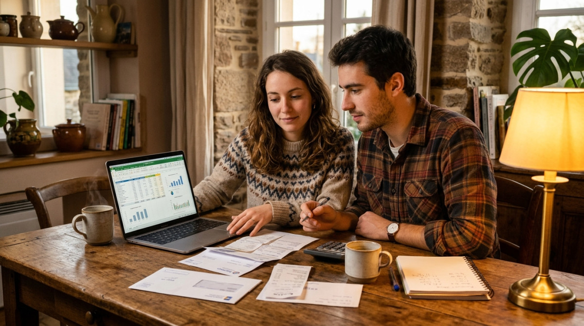 Couple faisant ses comptes à la table de leur cuisine bretonne