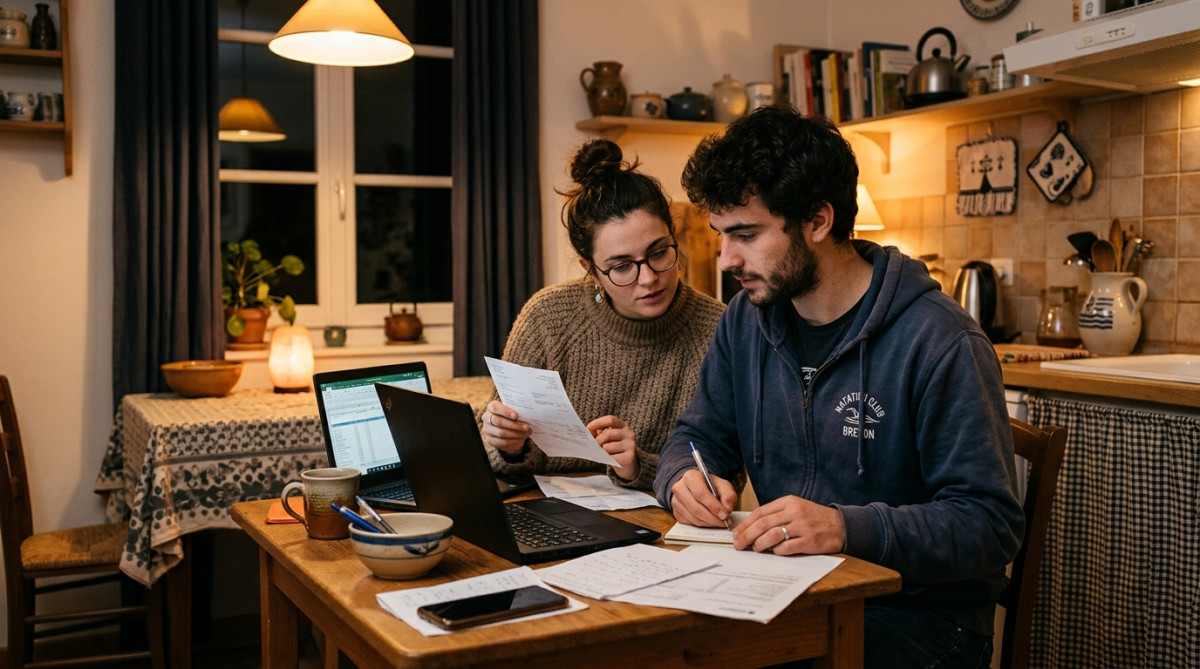Couple faisant ses comptes dans un petit appartement breton