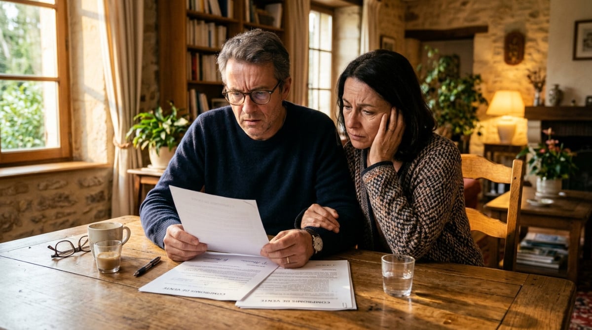 Couple inquiet avec un compromis de vente signé