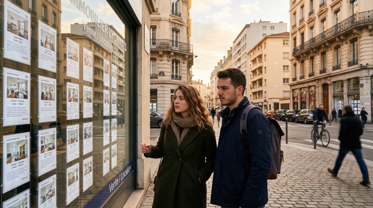 Couple inquiet devant une agence immobilière à Lyon