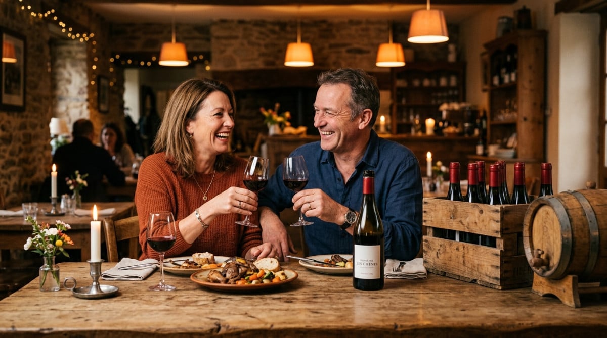 Couple partageant une bouteille de vin à table