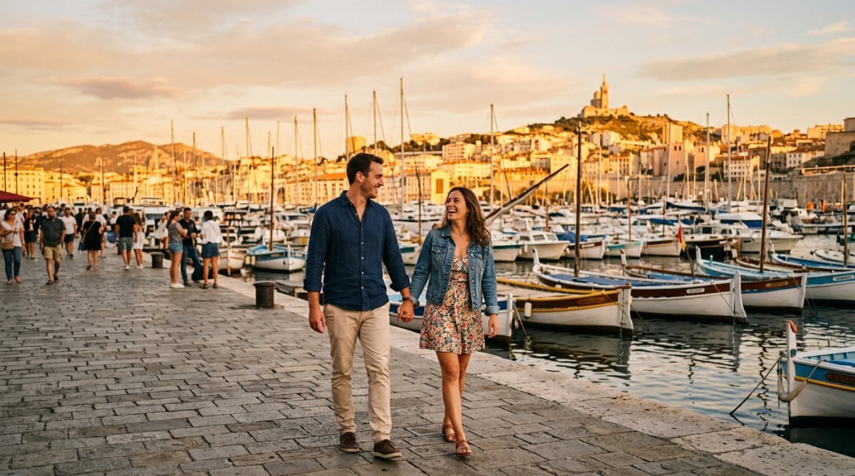 Couple se promenant sur le Vieux-Port de Marseille au soleil