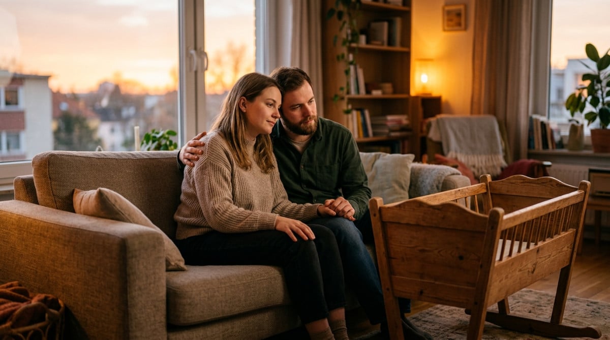 Couple songeur devant un berceau vide