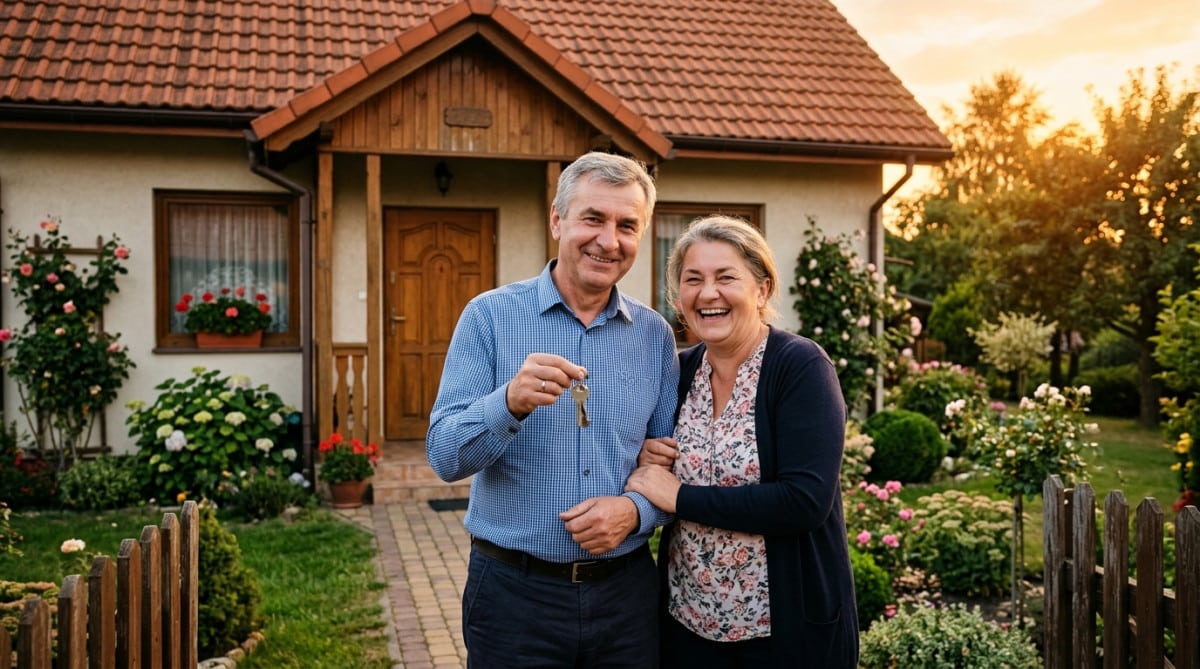 Couple souriant devant leur maison familiale au coucher du soleil