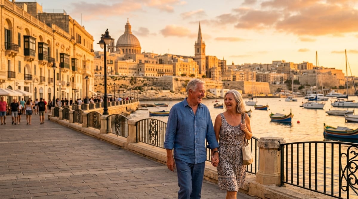 Couple souriant sur le front de mer de Malte au coucher du soleil