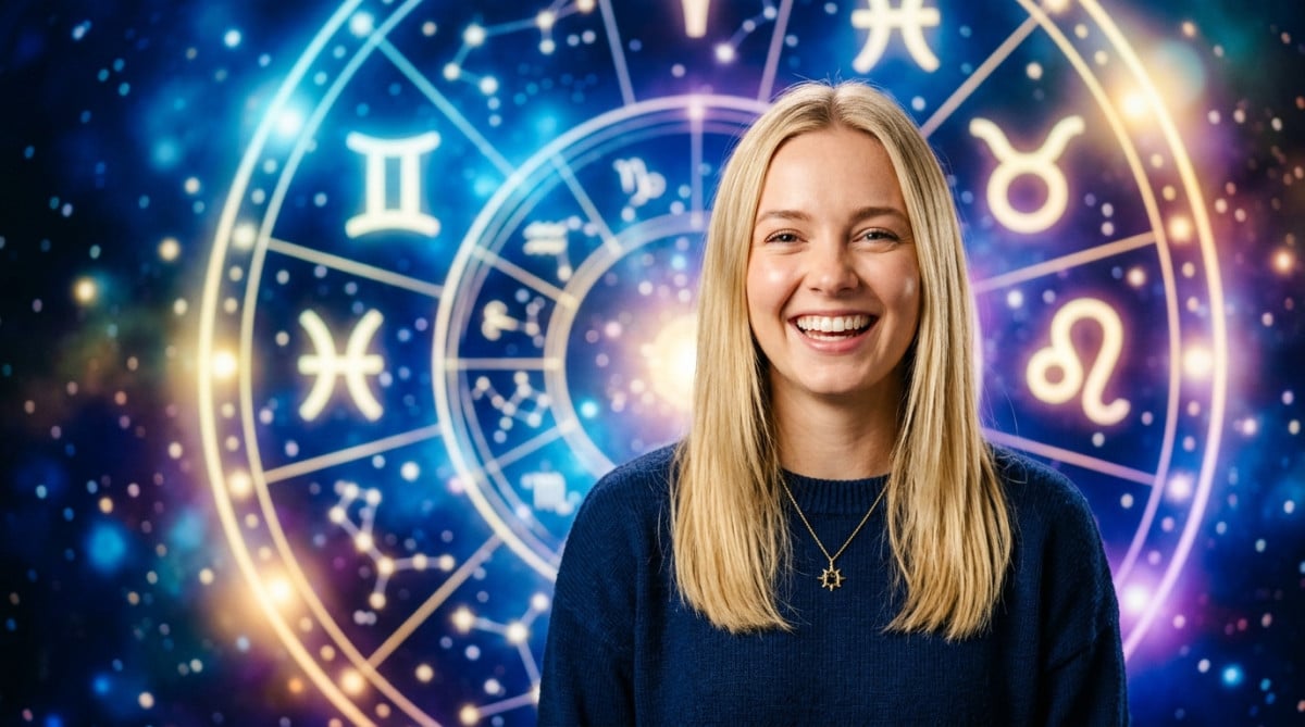 Couple souriant sur un canapé dans une lumière dorée pour l'horoscope du dimanche