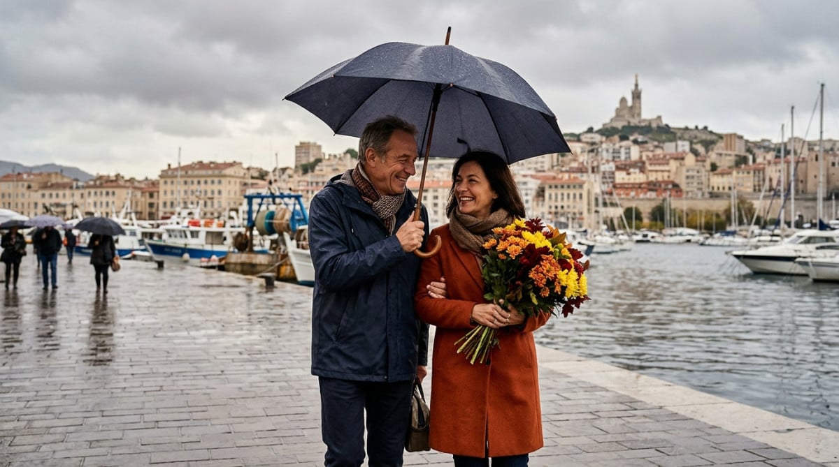 Couple sous un parapluie avec des chrysanthèmes à Marseille